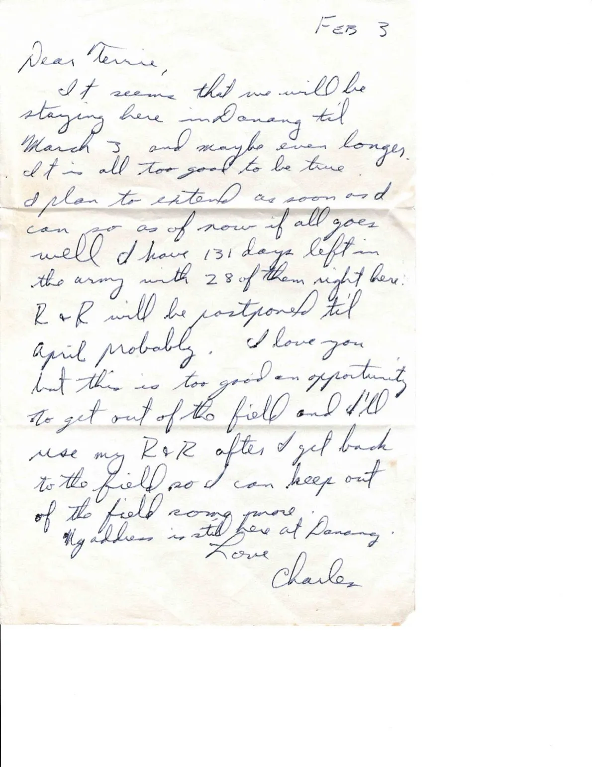Letter to Terrie, 3 February 1971 — 'Staying here in Danang til March 5 and maybe even longer. It is all too good to be true.' — scan 1