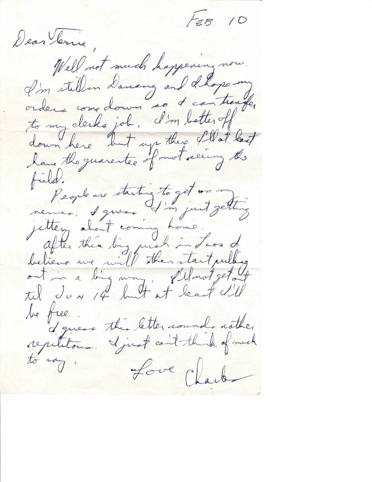 Letter to Terrie, 10 February 1971 — 'I'm still in Danang' (same day as Peggy's congressional letter) — scan 1