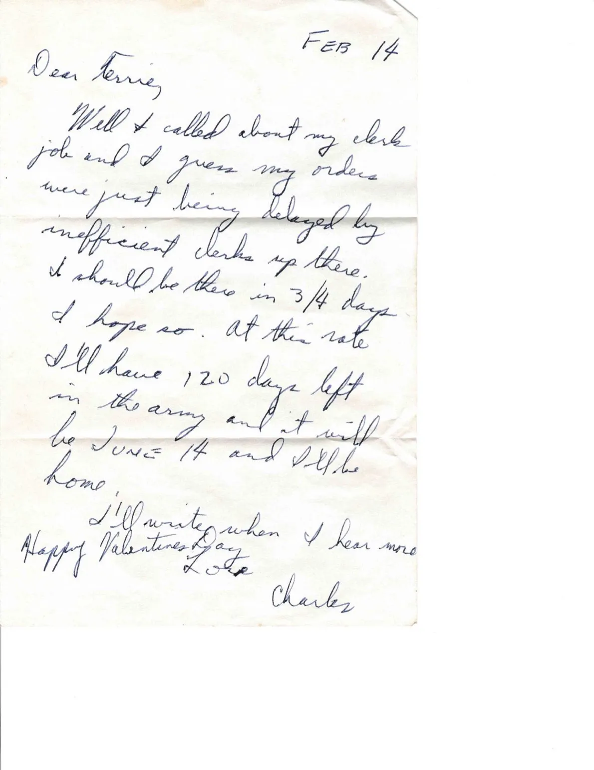 Letter to Terrie, 14 February 1971 — a Valentine, and the clerk orders clear — scan 1