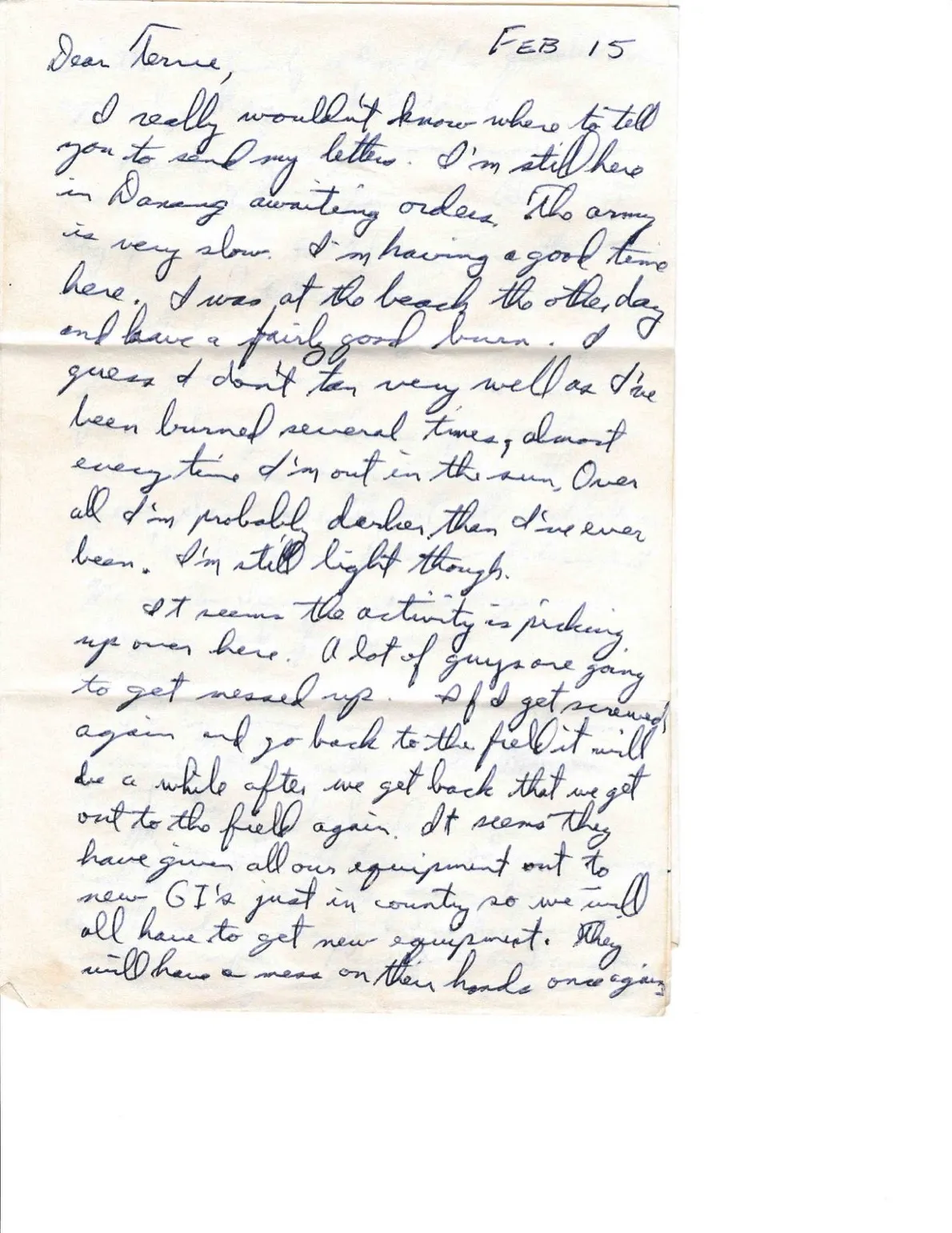 Letter to Terrie, 15 February 1971 — awaiting orders in Da Nang, and the Hawaii budget — scan 1