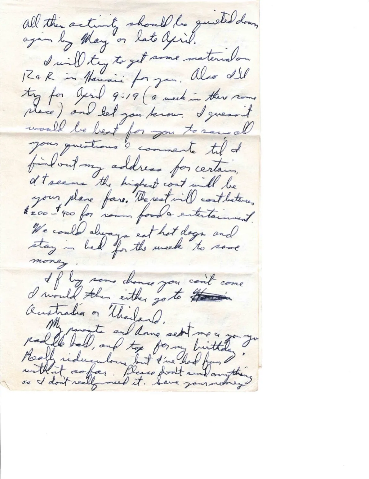 Letter to Terrie, 15 February 1971 — awaiting orders in Da Nang, and the Hawaii budget — scan 2