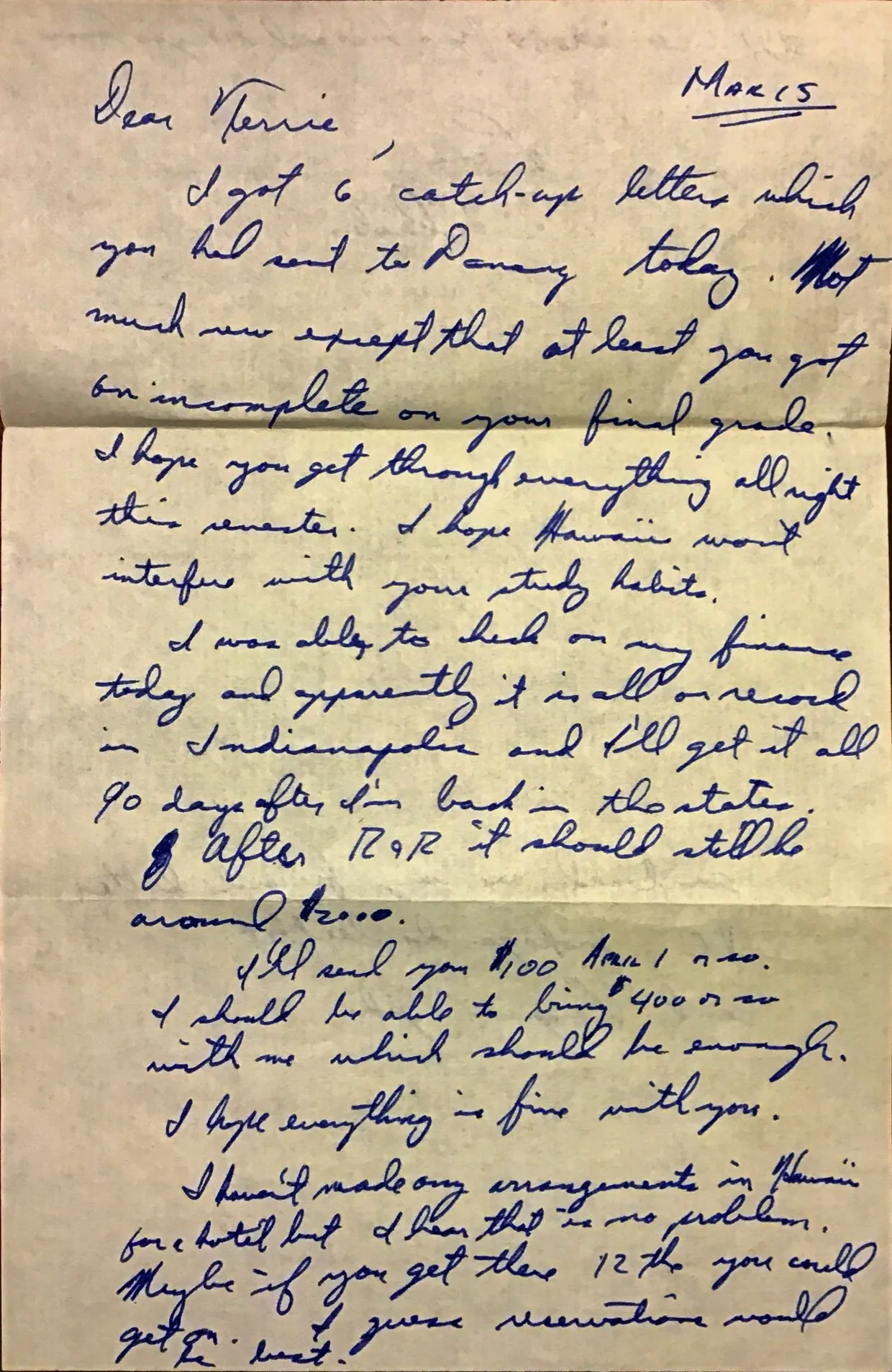 Letter to Terrie, 15 March 1971 — six catch-up letters arriving at Danang, R&R finances and hotel plans — scan 1