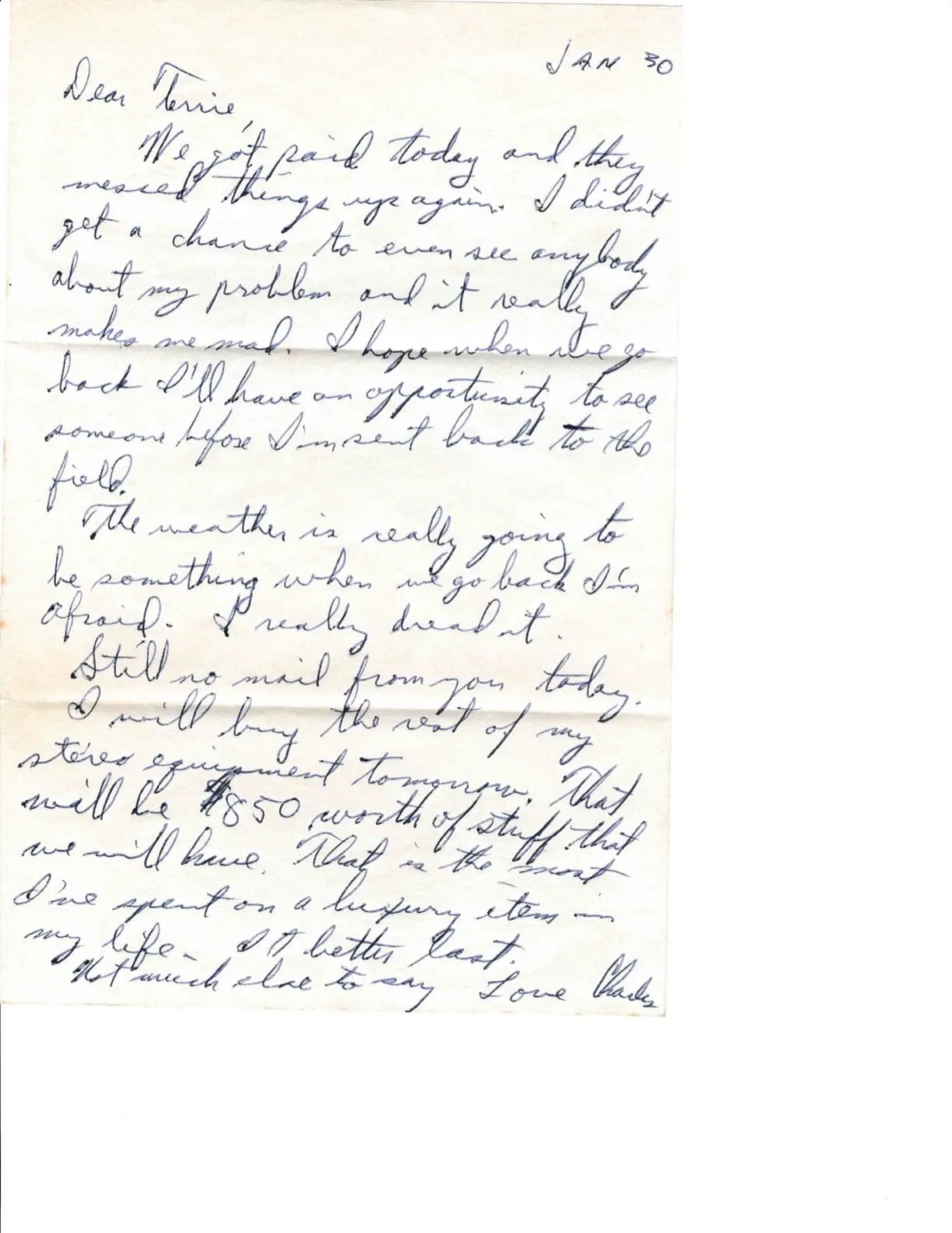 Letter to Terrie, 30 January 1971 — pay day, the field he dreads, and an $850 stereo — scan 1