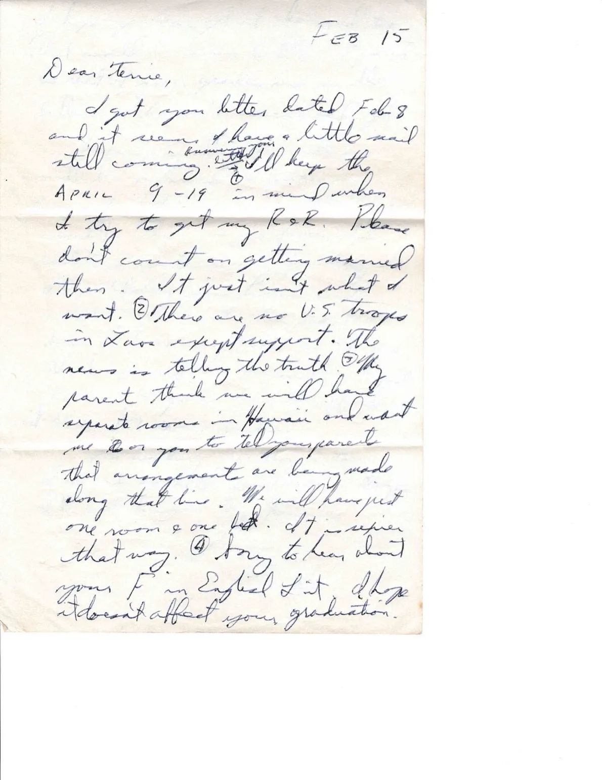 Letter to Terrie, 15 February 1971 — point by point: Laos, the one room, and a wedding in August — scan 1