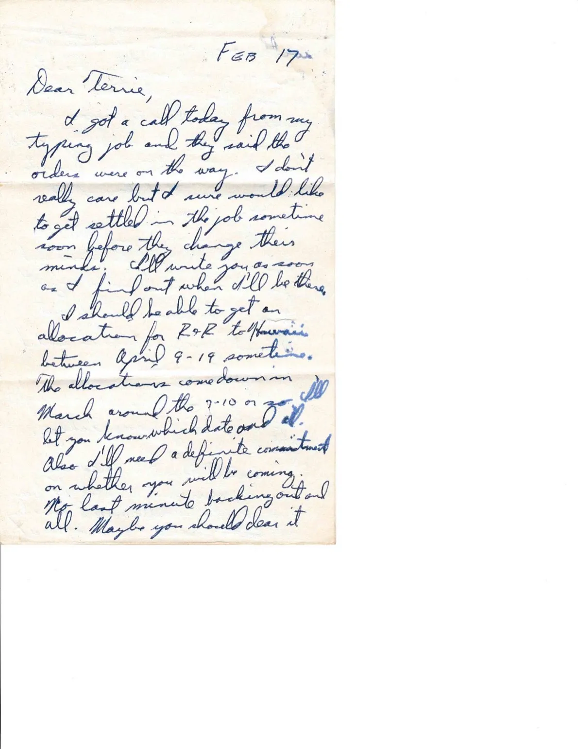 Letter to Terrie, 17 February 1971 — the typing job, the R&R allocation, and the stereo — scan 1