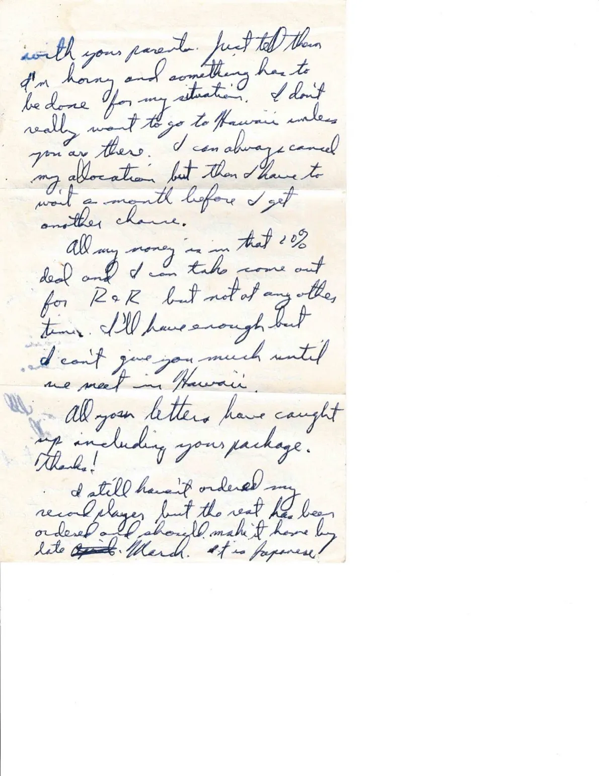 Letter to Terrie, 17 February 1971 — the typing job, the R&R allocation, and the stereo — scan 2