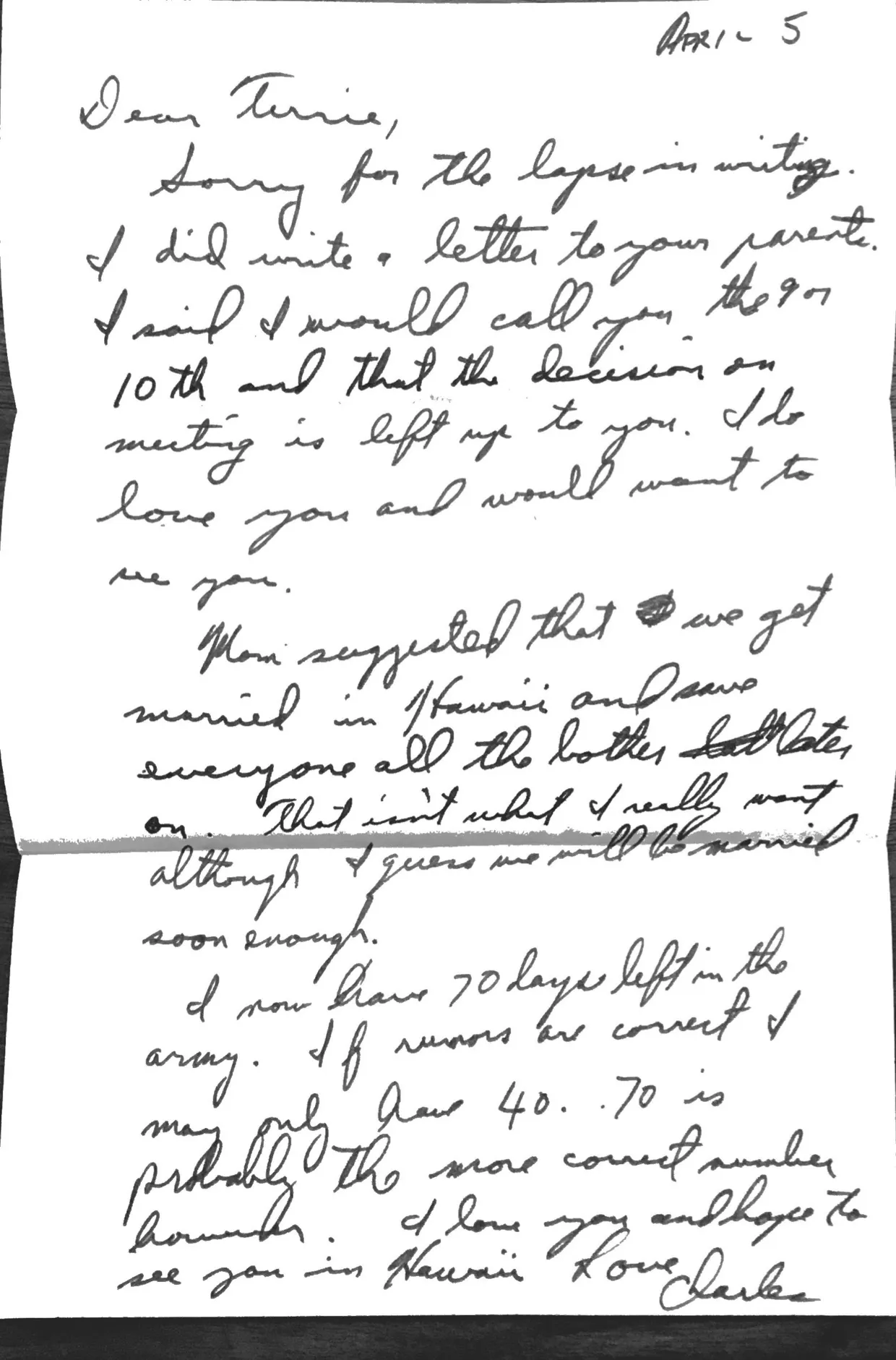Letter to Terrie, 5 April 1971 — 'Mom suggested that we get married in Hawaii and save everyone all the bother' — scan 1