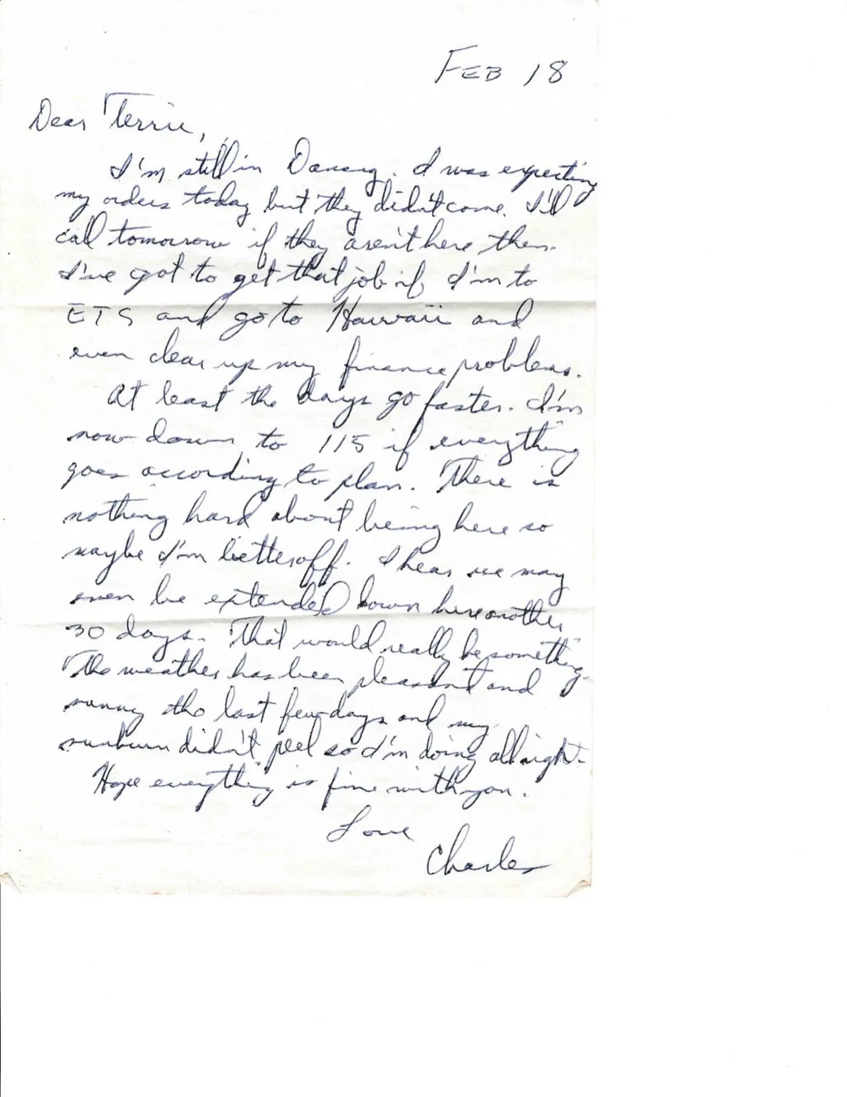 Letter to Terrie, 18 February 1971 — still in Da Nang, waiting on orders, down to 115 — scan 1