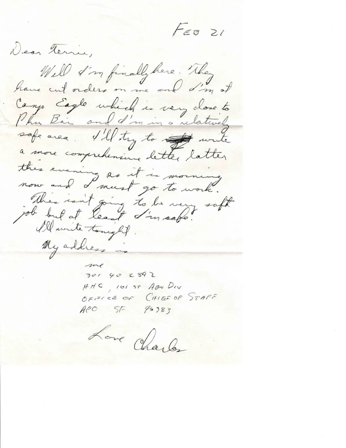 Letter to Terrie, 21 February 1971 — finally here, Camp Eagle, the clerk job comes through — scan 1