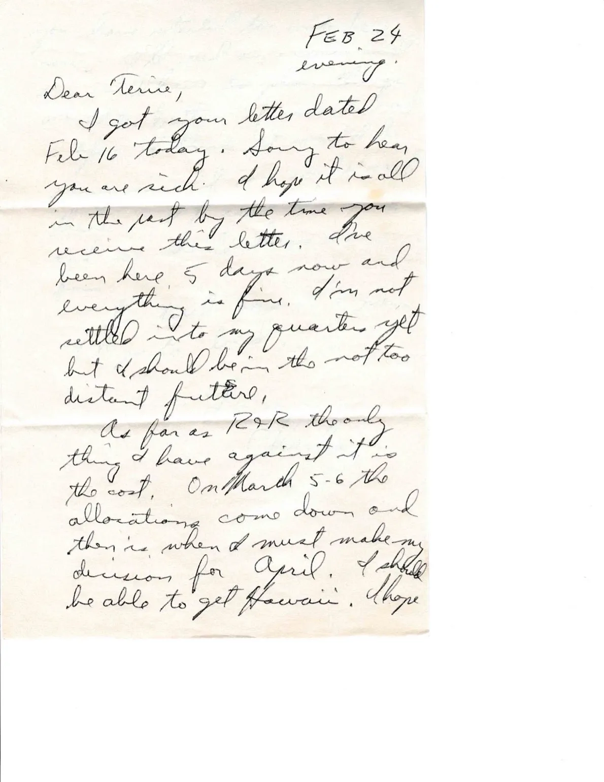 Letter to Terrie, 24 February 1971 — five days in, and the cost of R&R — scan 1