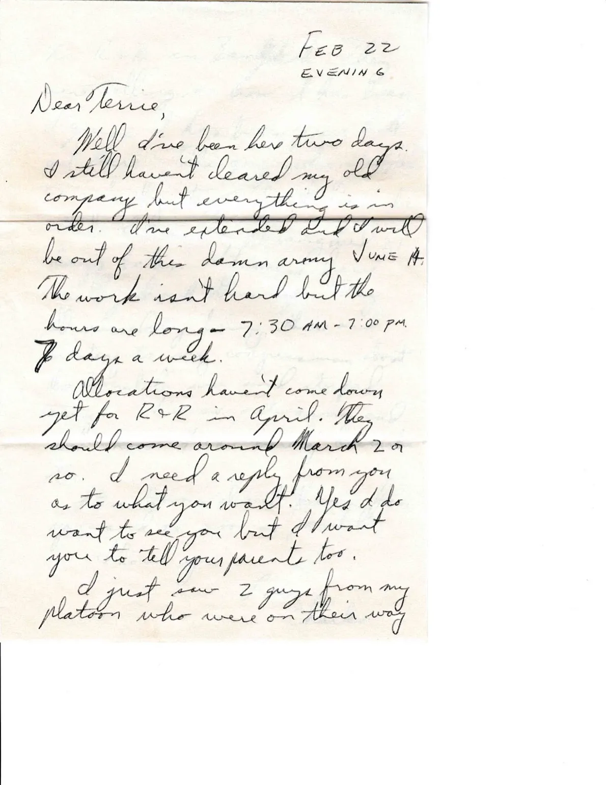 Letter to Terrie, 22 February 1971 — extended to June 14, the long hours, and a death from December — scan 1