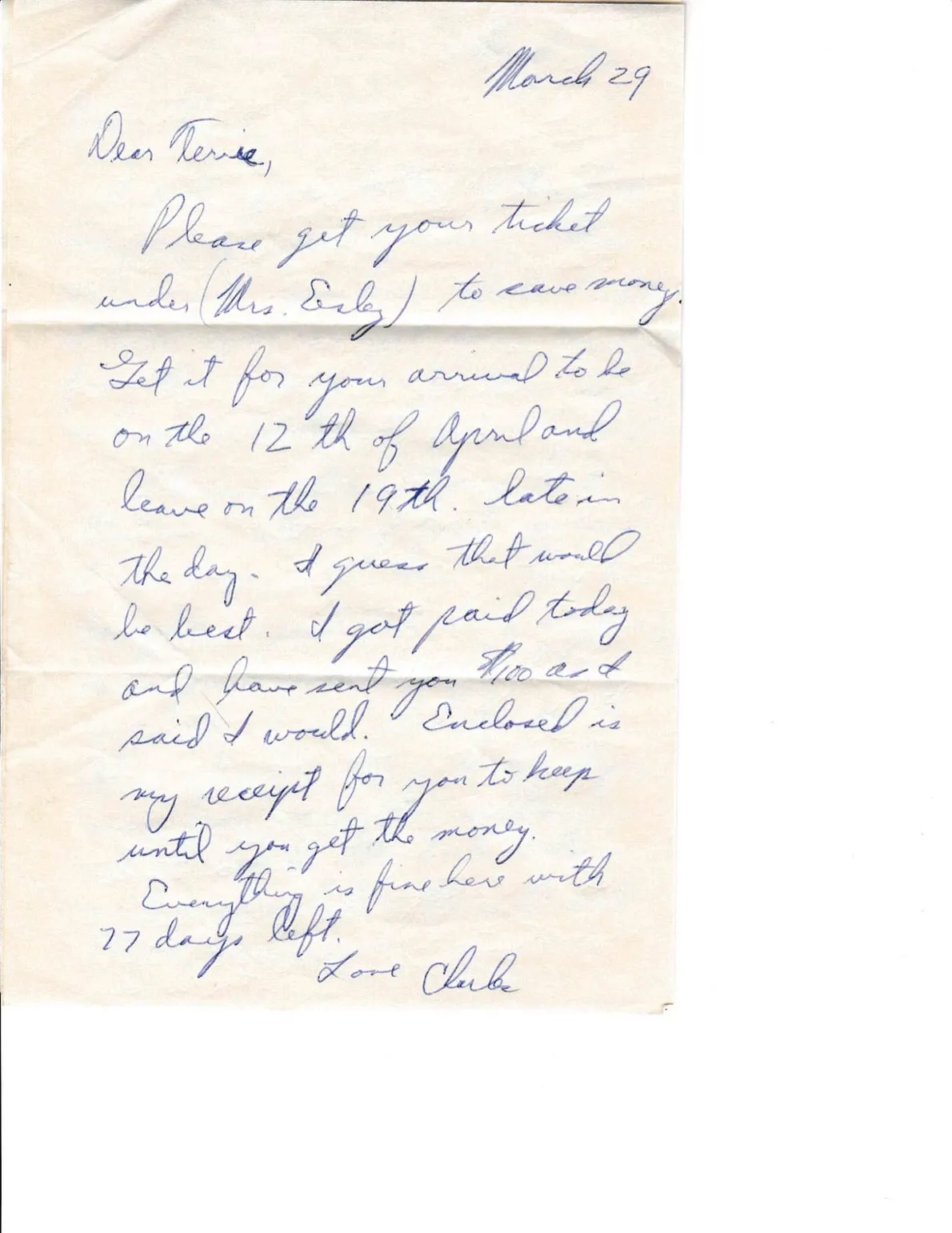 Letter to Terrie, 29 March 1971 — 'Please get your ticket under (Mrs. Eesley) to save money' — scan 1