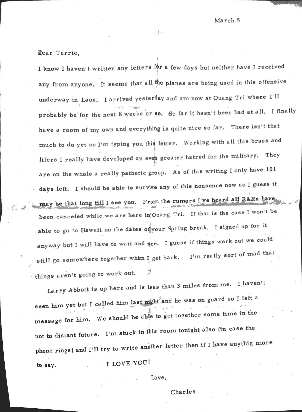 Letter to Terrie, 5 March 1971 — 'I arrived yesterday and am now at Quang Tri' — scan 1