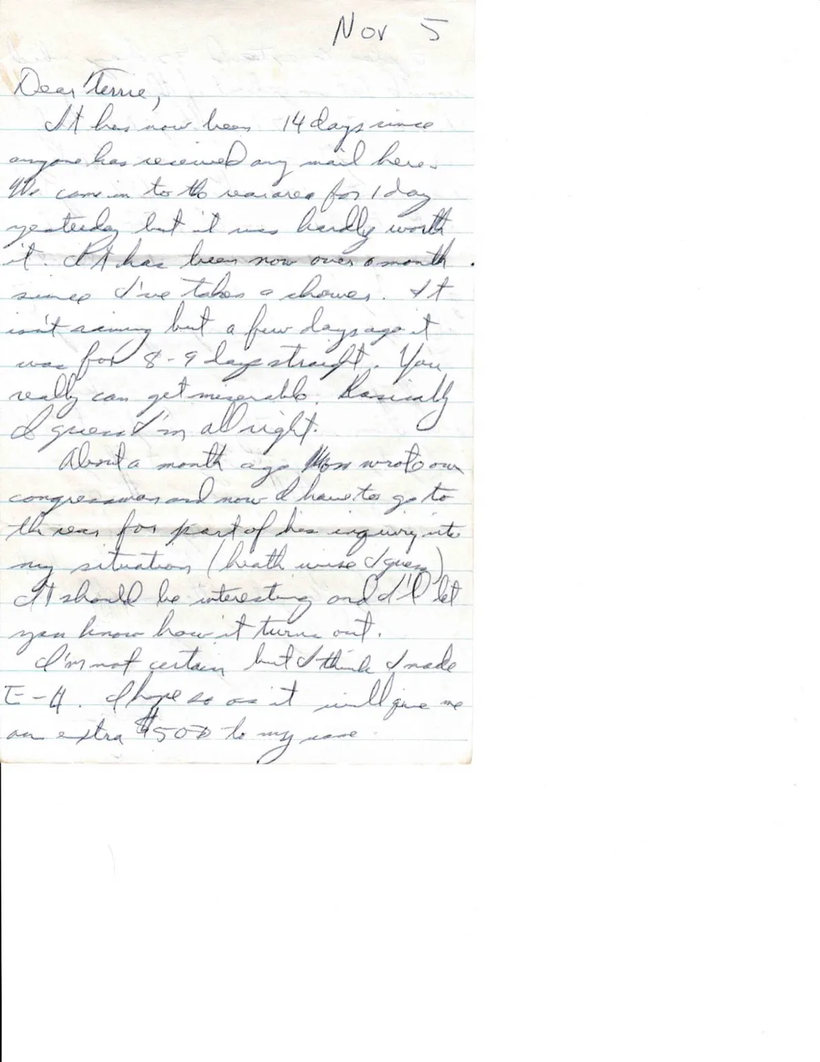 Letter to Terrie, 5 November 1970 — fourteen days without mail, the congressman inquiry, and the extension plan — scan 1