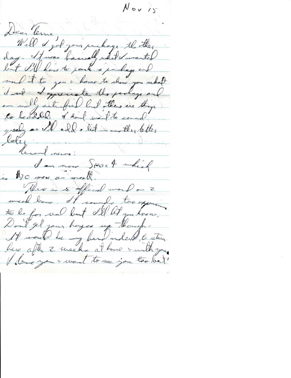 Letter to Terrie, 15 November 1970 — the package, Spec 4, the 2-week leave rumor, and the inquiry closed — scan 1
