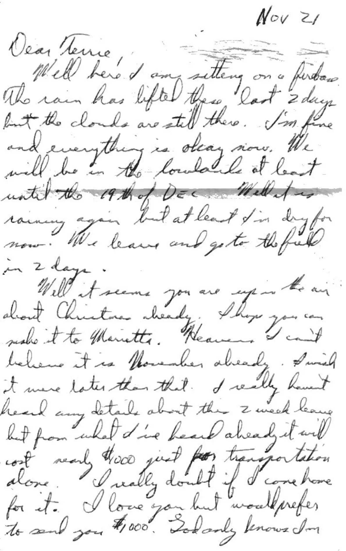 Letter to Terrie, 21 November 1970 — 'I love you but would prefer to send you $1000' — scan 1