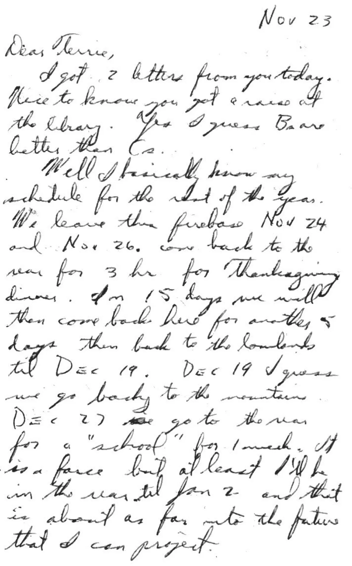 Letter to Terrie, 23 November 1970 — platoon radio operator, the year's schedule, and Thanksgiving in the rear — scan 1