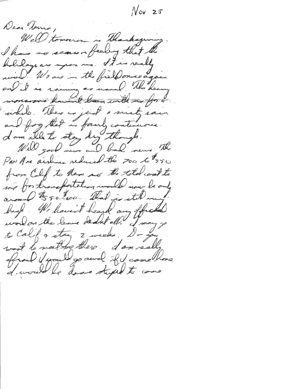 Letter to Terrie, 25 November 1970 — Thanksgiving in the field, and two deaths explained — scan 1