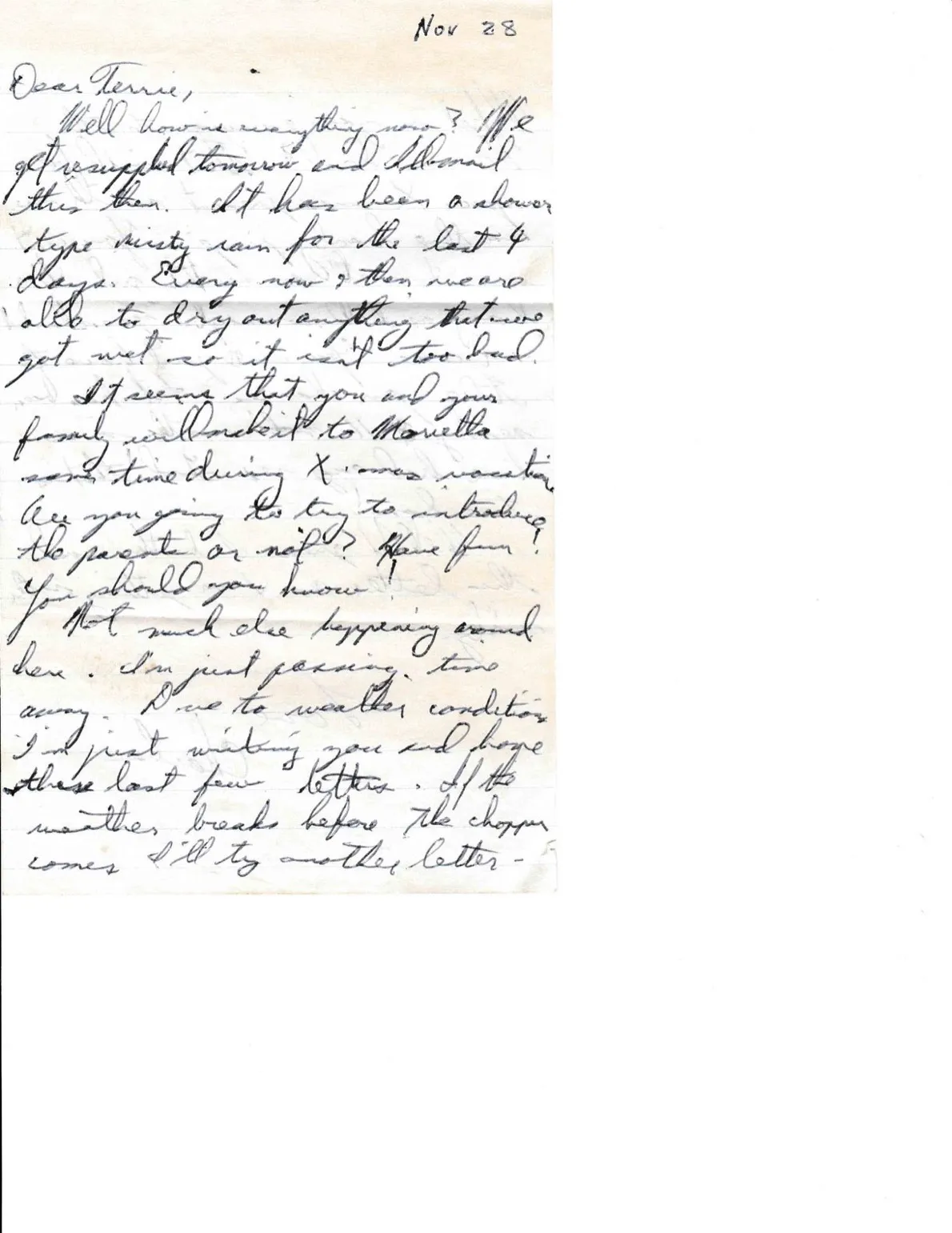 Letter to Terrie, 28 November 1970 — the misty rain, the families maybe meeting at Christmas, and 'what is your answer to the Hawaii deal?' — scan 1