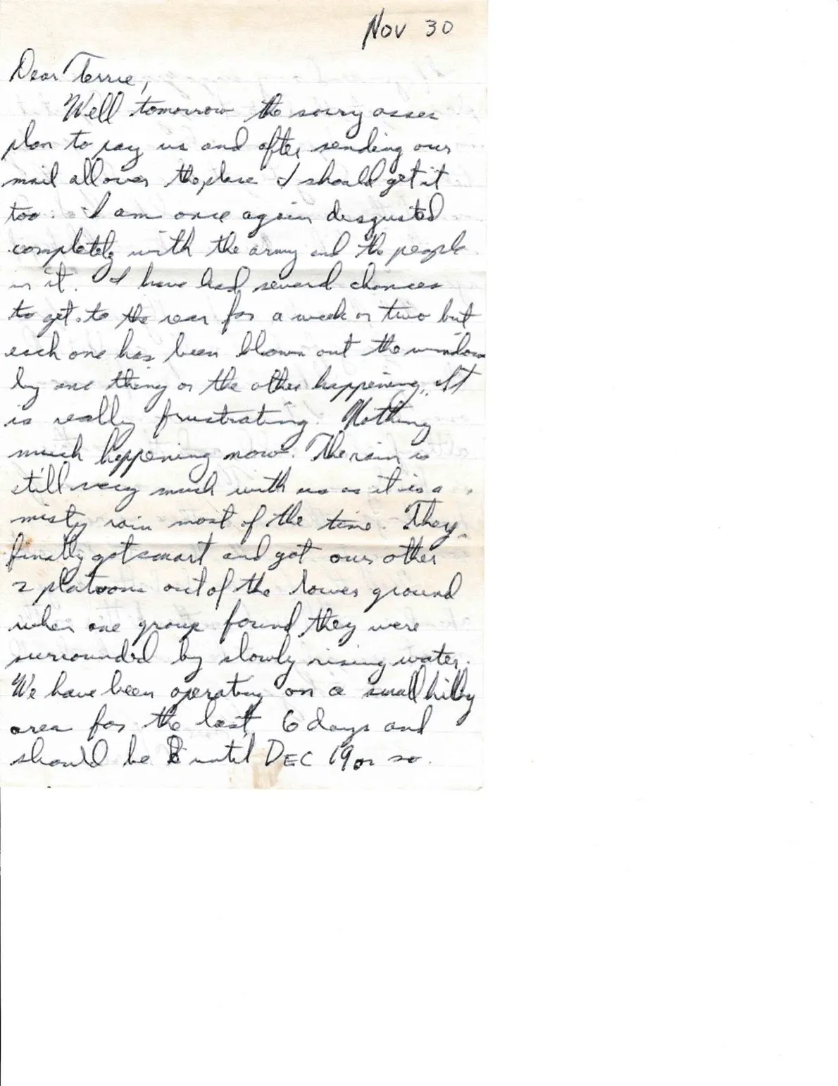 Letter to Terrie, 30 November 1970 — disgusted with the Army, the lowlands flooding, and November finally over — scan 1