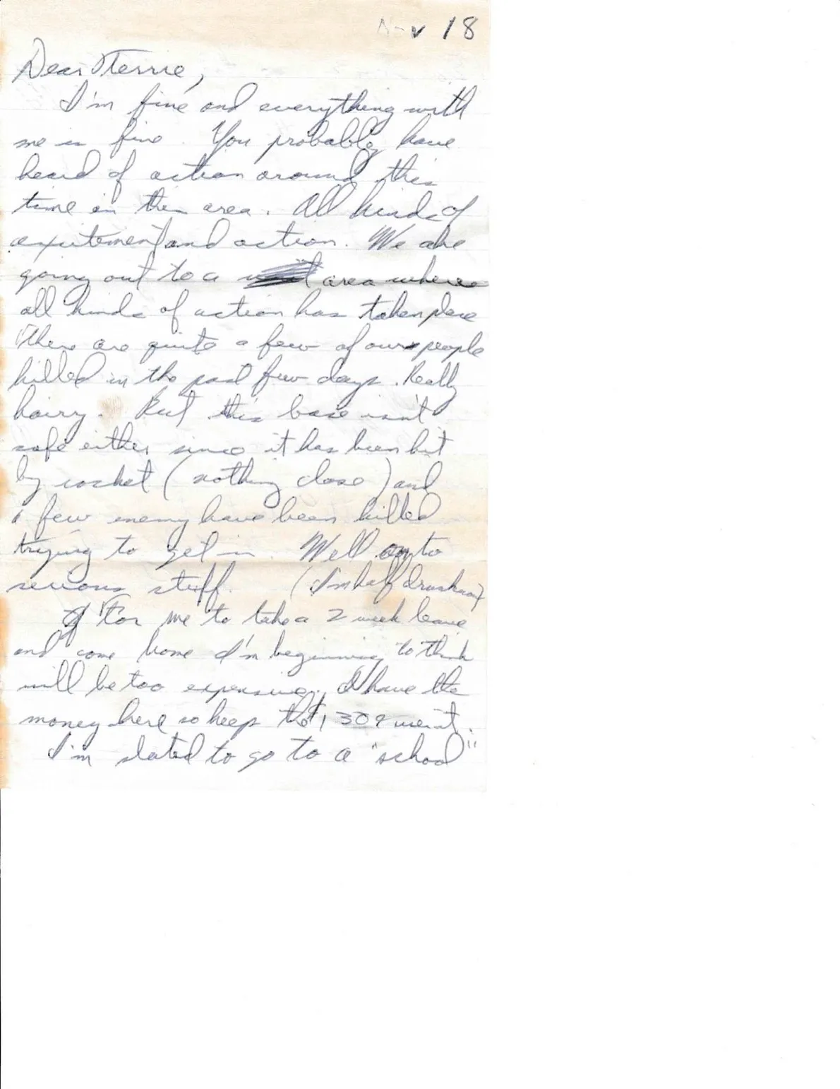 Letter to Terrie, 18 November 1970 — back out to 'really hairy' action, half drunk in the rear — scan 1