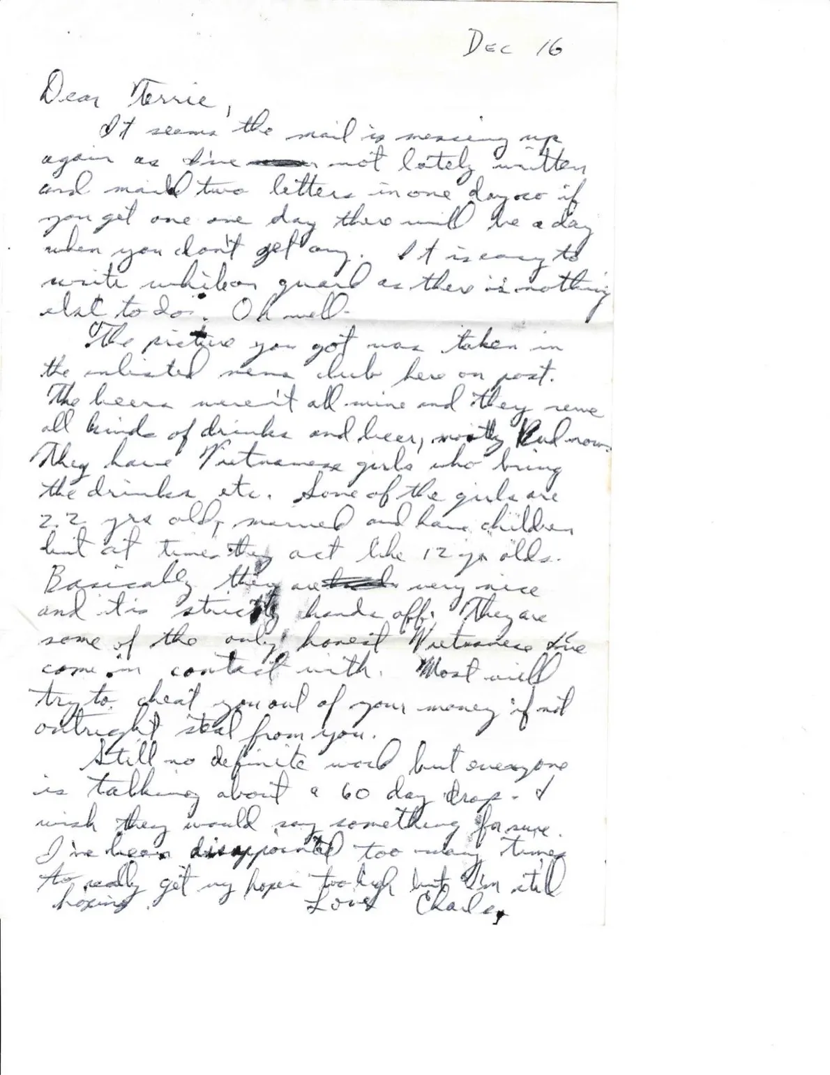 Letter to Terrie, 16 December 1970 — 'The picture you got was taken in the enlisted men's club here on post' — scan 1
