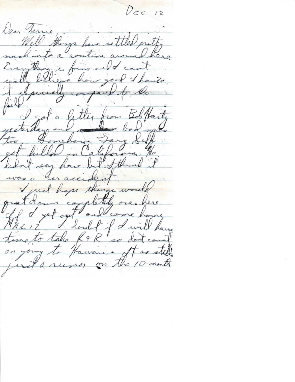 Letter to Terrie, 12 December 1970 — settled into the rear, a friend killed back home, and the March 12 drop — scan 1