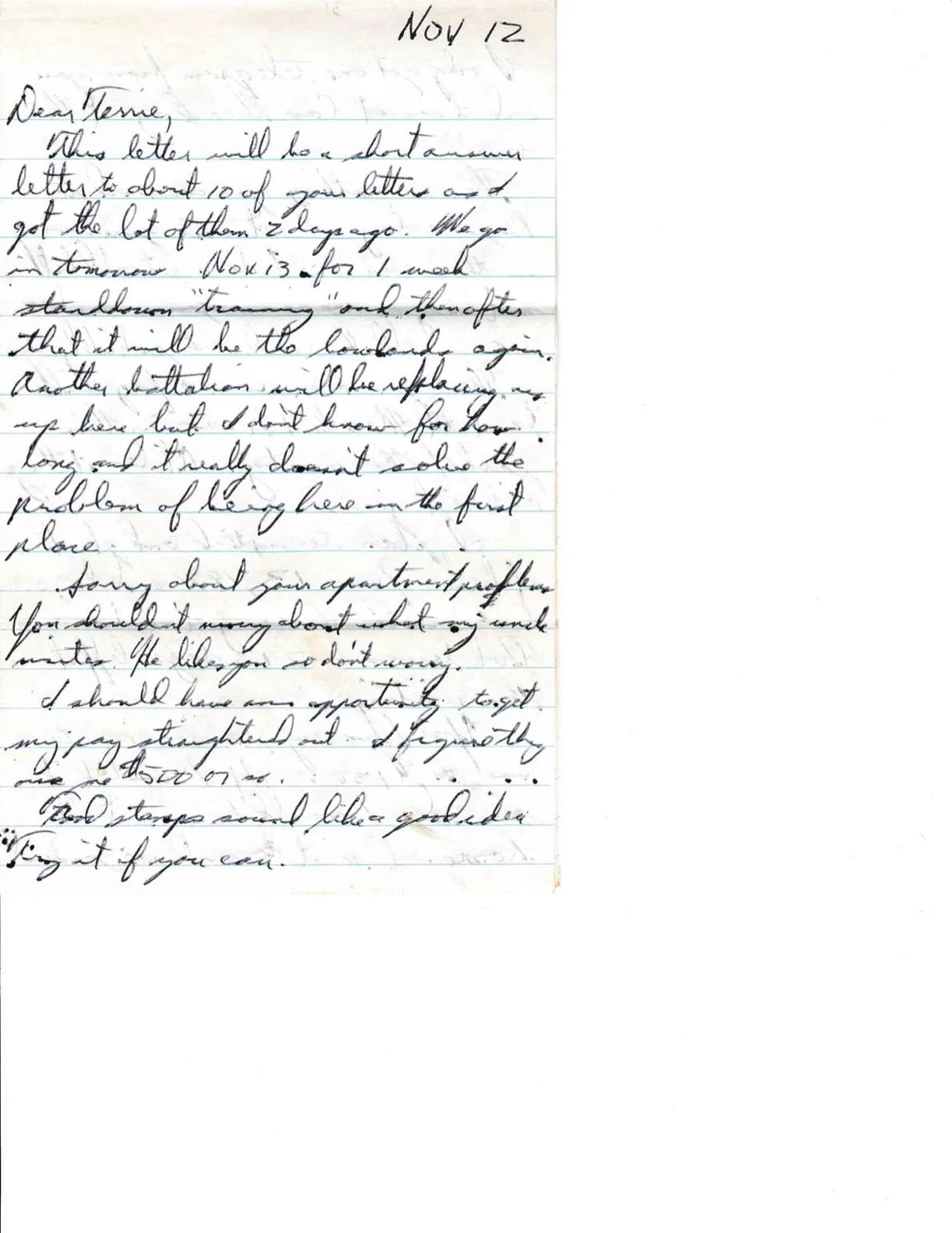 Letter to Terrie, 12 November 1970 — a short answer to ten letters, the Nov 13 stand-down, and 213 days left — scan 1