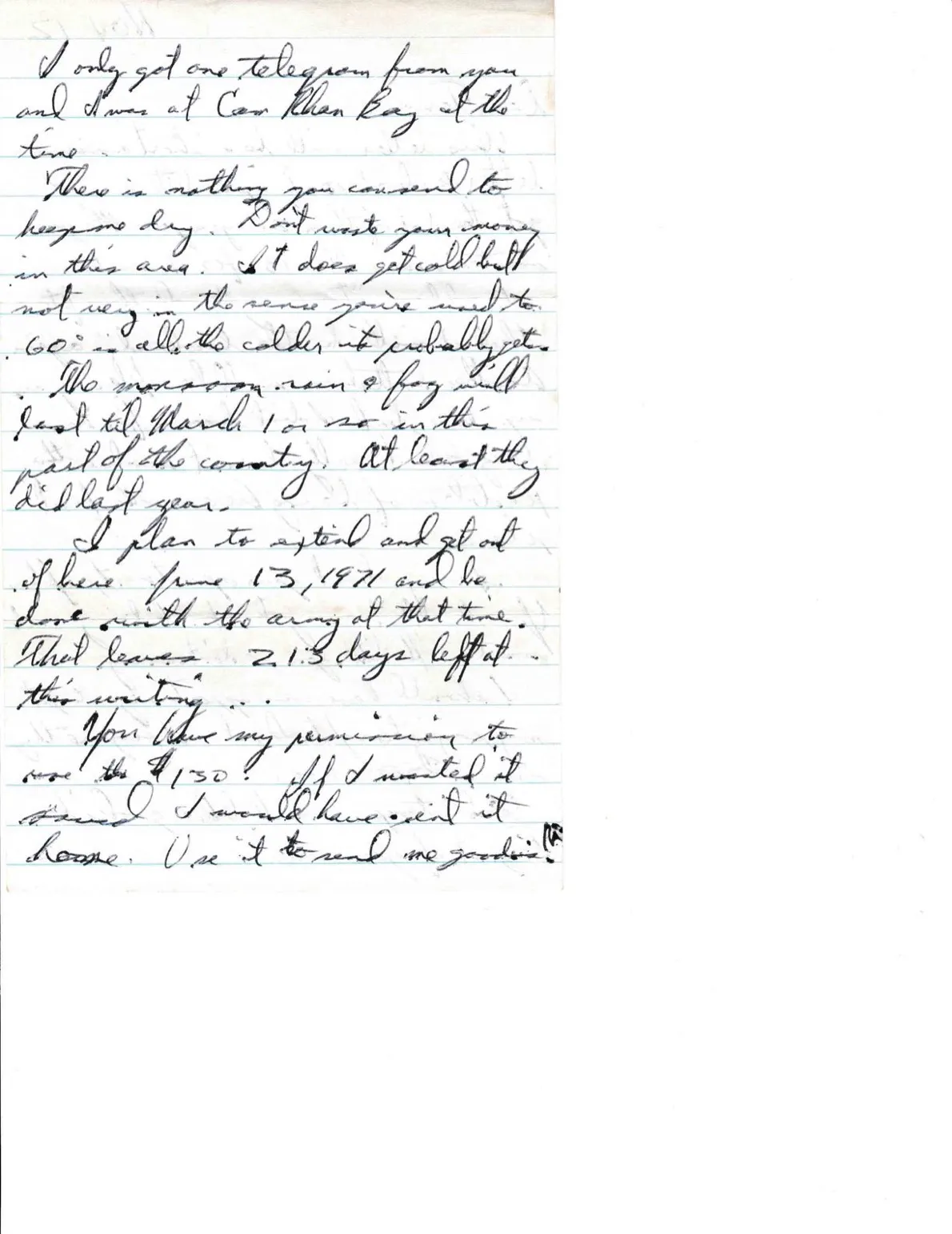 Letter to Terrie, 12 November 1970 — a short answer to ten letters, the Nov 13 stand-down, and 213 days left — scan 2