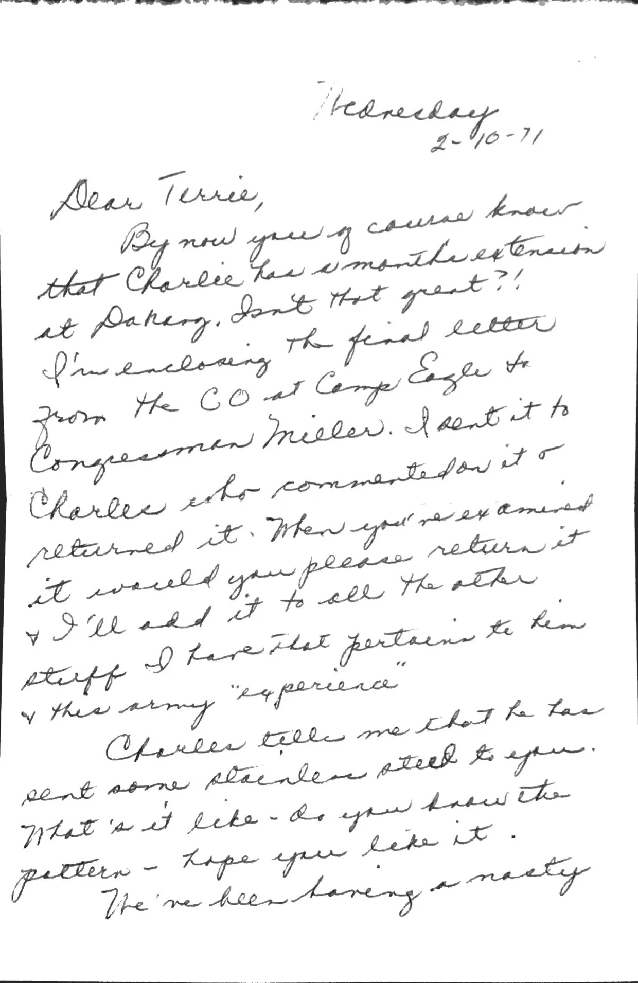 Letter from Peggy Eesley to Terrie, 10 February 1971 — the Camp Eagle extension and the Congressional letter — scan 1