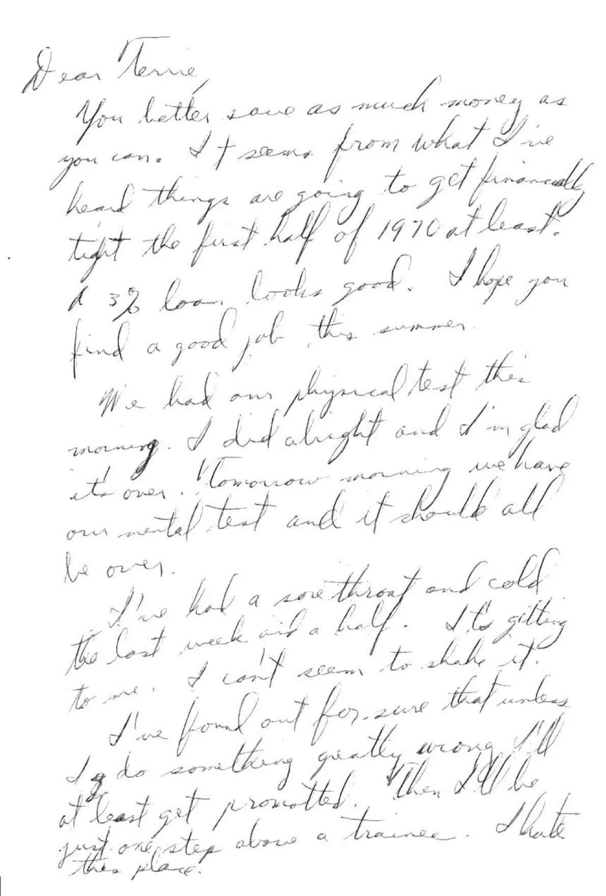Letter to Terrie, c. early 1970 — the physical and mental tests, and 'one step above a trainee' — scan 1