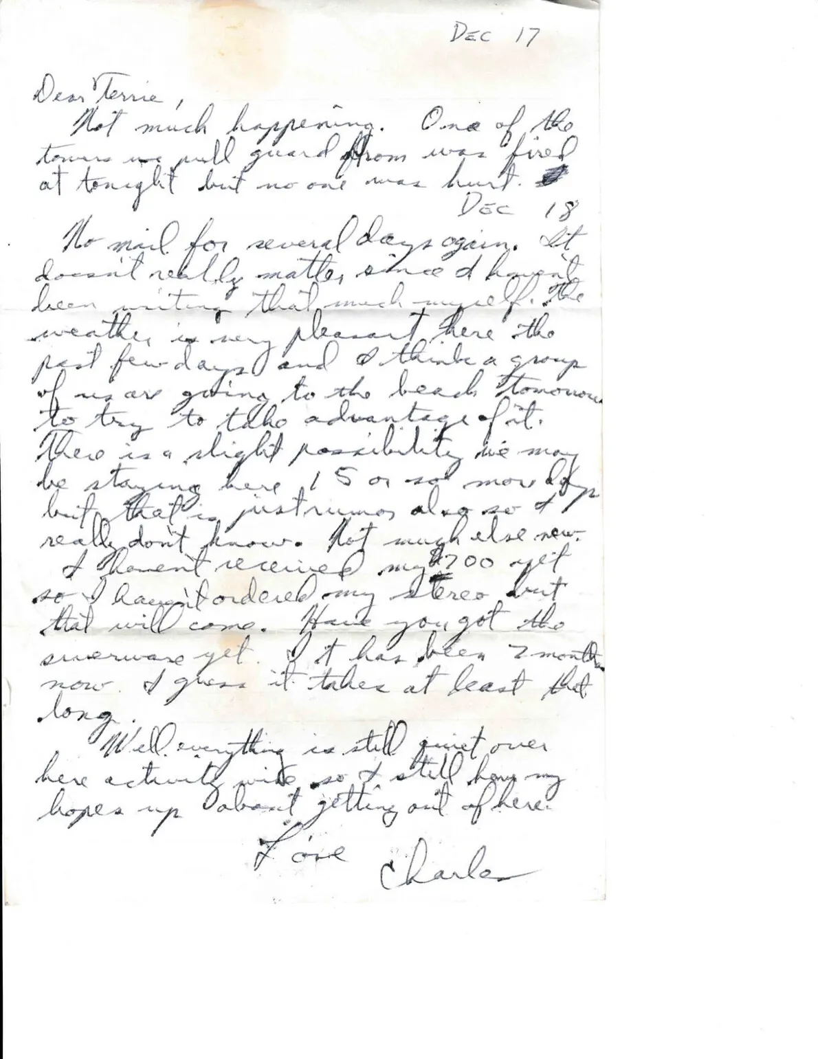 Letter to Terrie, 17–18 December 1970 — a guard tower fired on, a beach day, and still hoping to get out — scan 1
