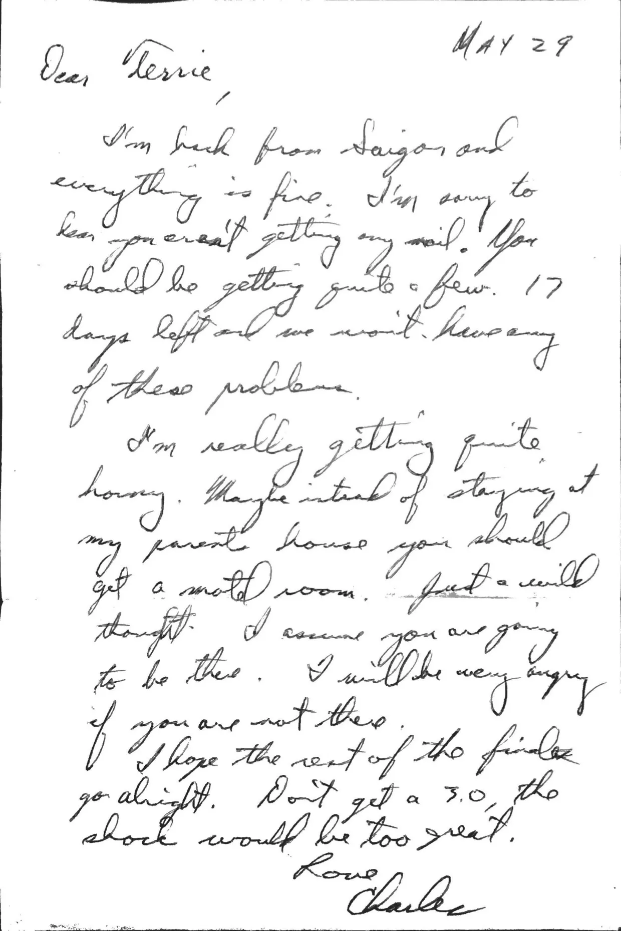 Letter to Terrie, 29 May 1971 — 'I'm back from Saigon... 17 days left' — scan 1