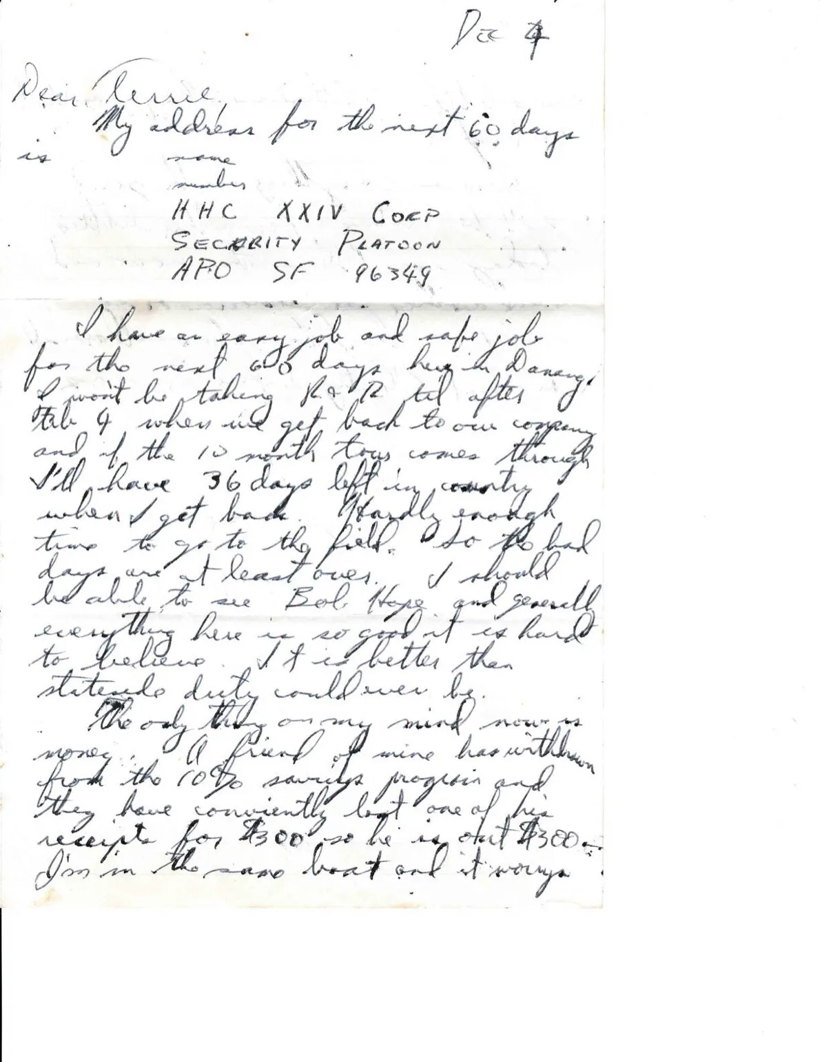Letter to Terrie, 4 December 1970 — sixty days on the XXIV Corps security platoon in Da Nang — scan 1