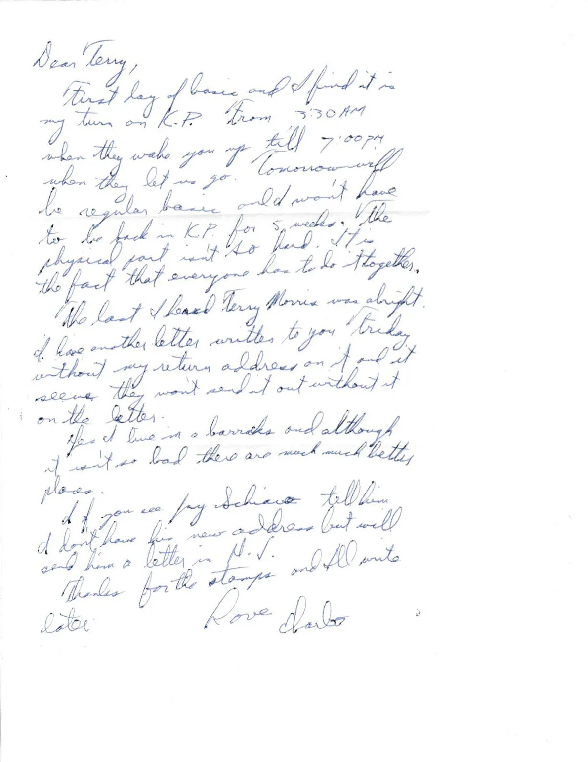 Letter to Terrie, undated — the first day of basic training, KP from 3:30 AM — scan 1