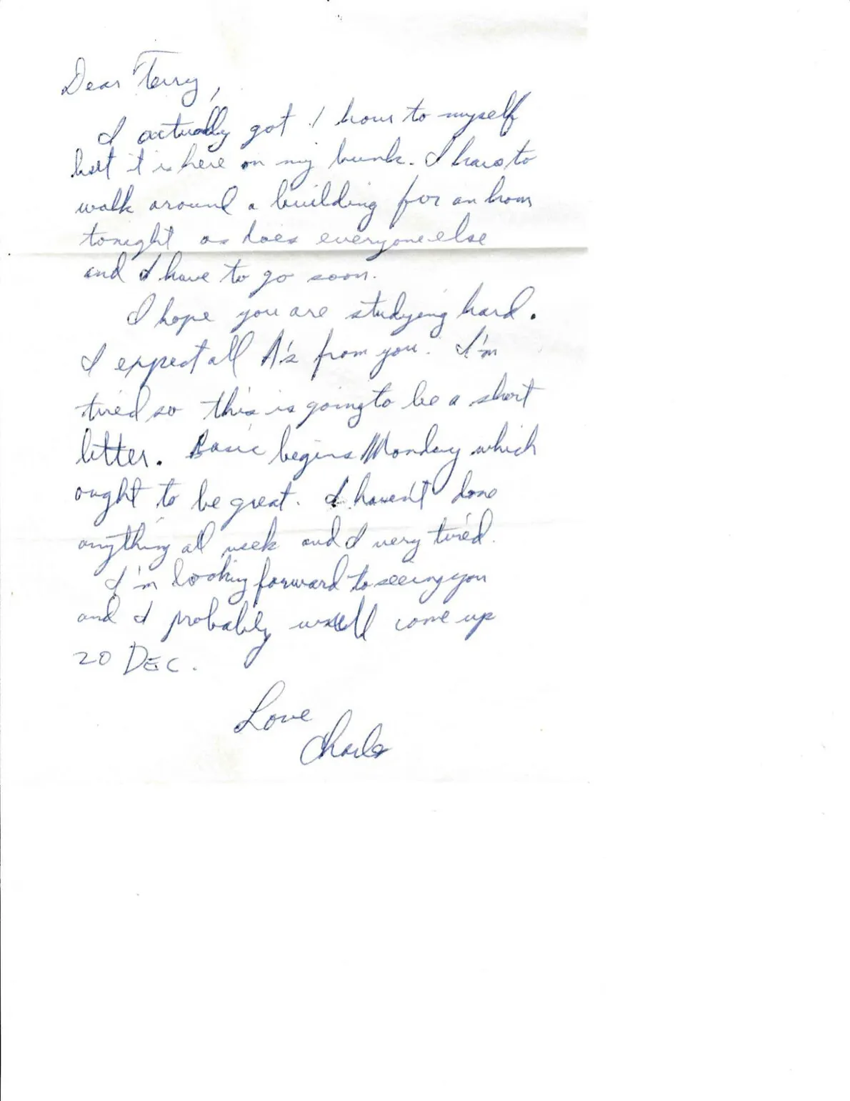 Letter to Terrie, undated — reception week: 'Basic begins Monday,' and a visit planned for 20 December — scan 1