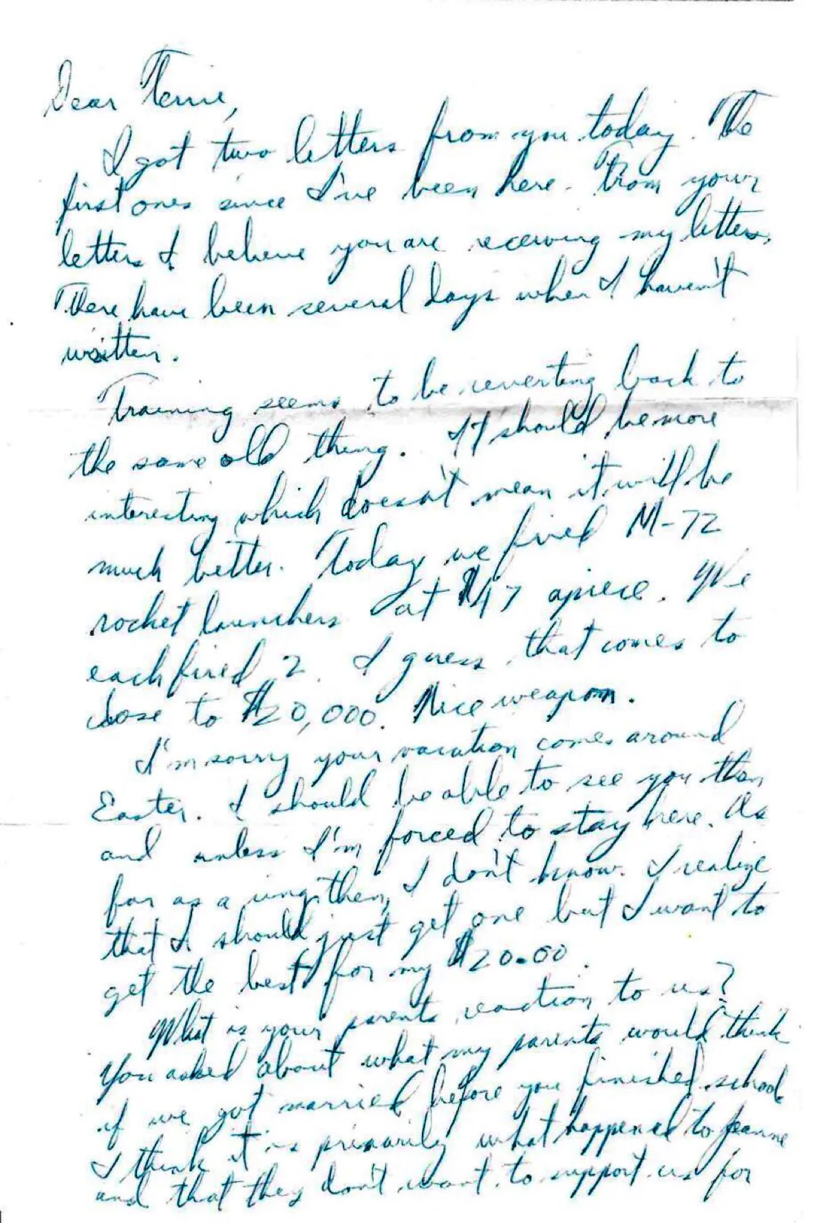 Letter to Terrie, undated — firing the M-72, the $20 ring, and 'I'm still willing to marry you' — scan 1