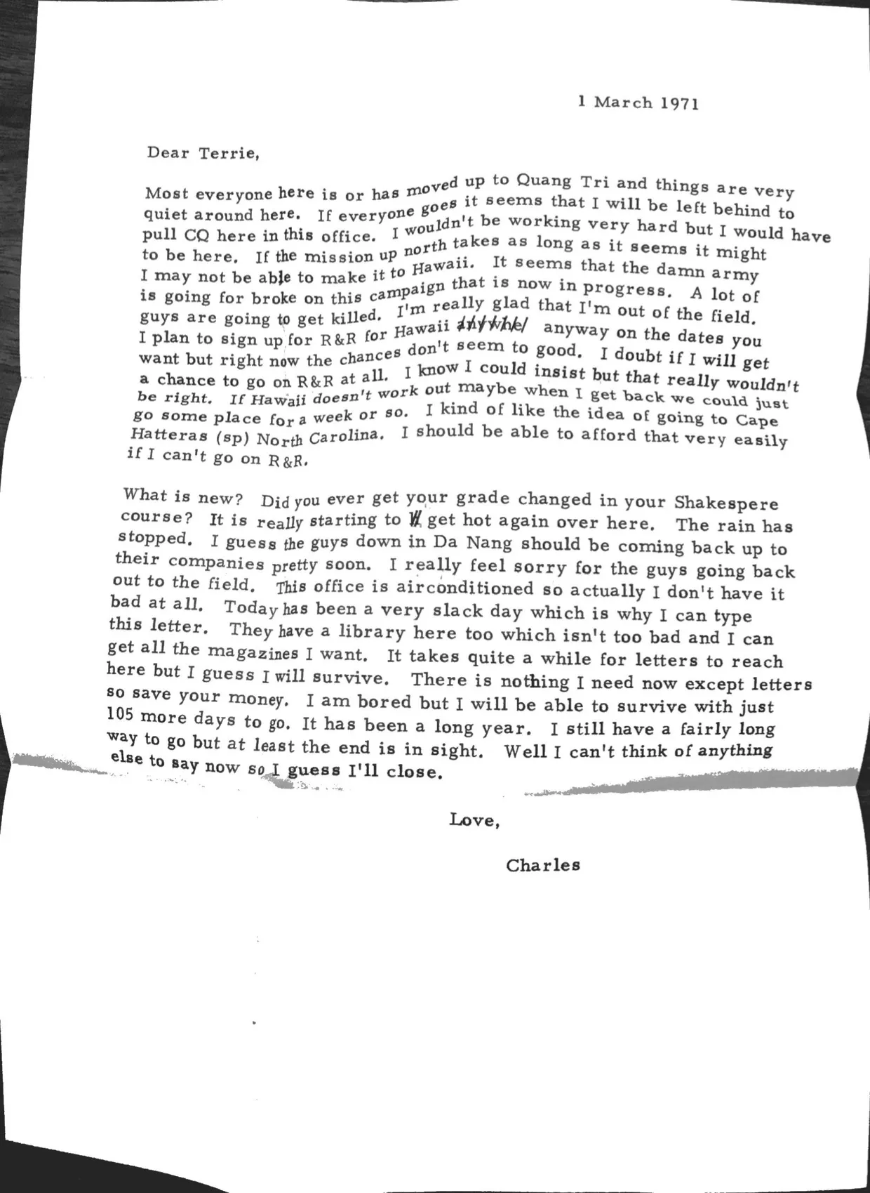 Letter to Terrie, 1 March 1971 — 'A lot of guys are going to get killed. I'm really glad that I'm out of the field.' — scan 1