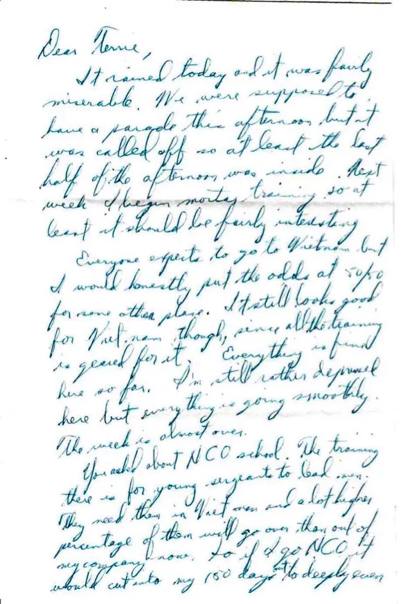 Letter to Terrie, undated — mortar training next week, and why NCO school 'just isn't worth it' — scan 1