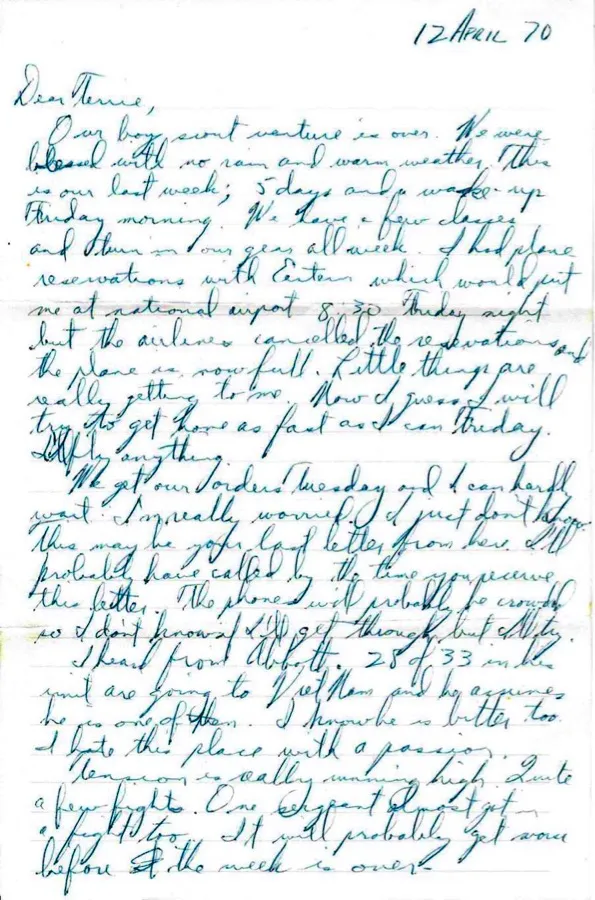 Letter to Terrie, 12 April 1970 — 'This may be your last letter from here' — scan 1
