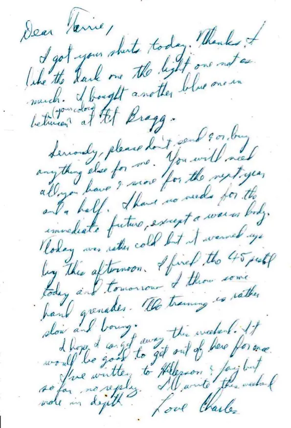 Letter to Terrie, c. early 1970 — Fort Bragg, the .45 and the hand grenades — scan 1