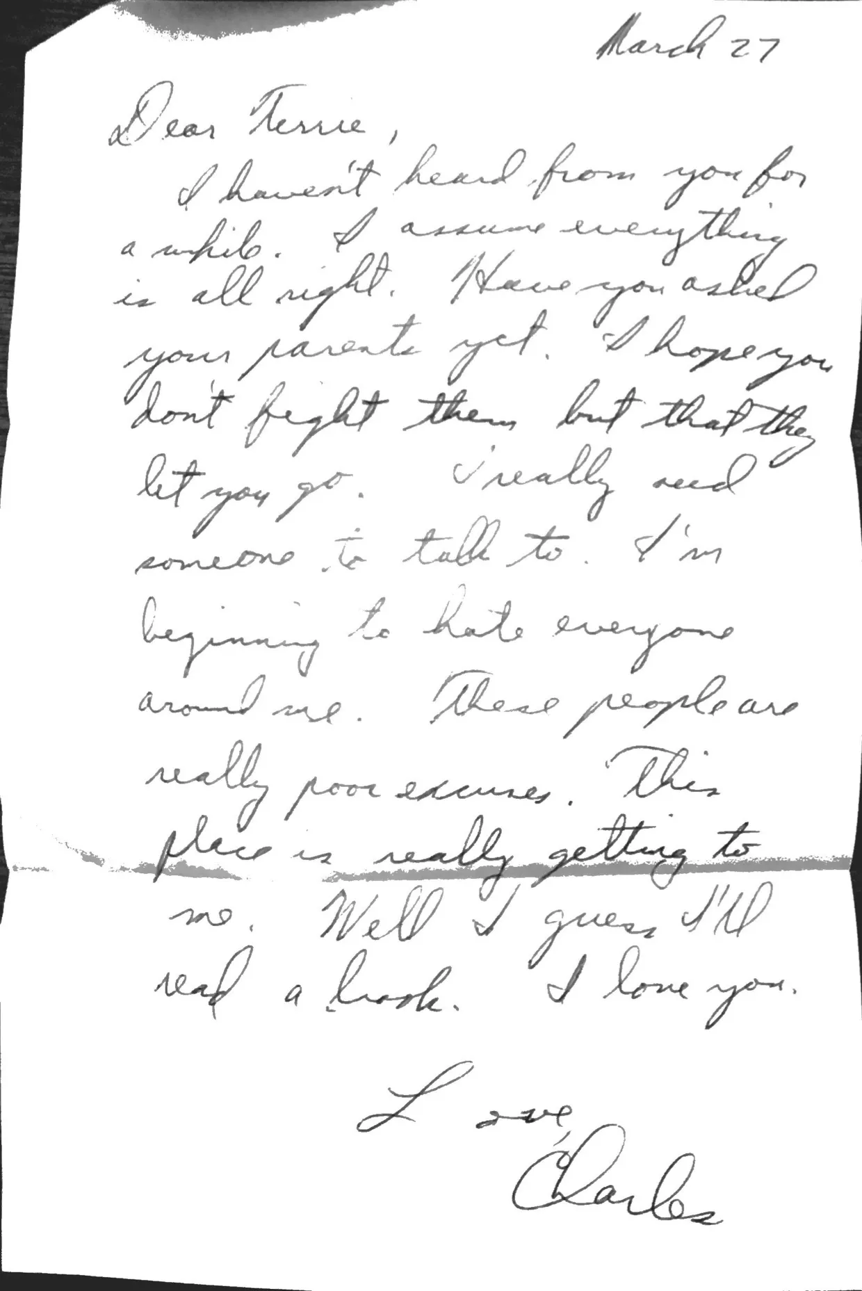 Letter to Terrie, 27 March 1971 — 'I'm beginning to hate everyone around me' — scan 1