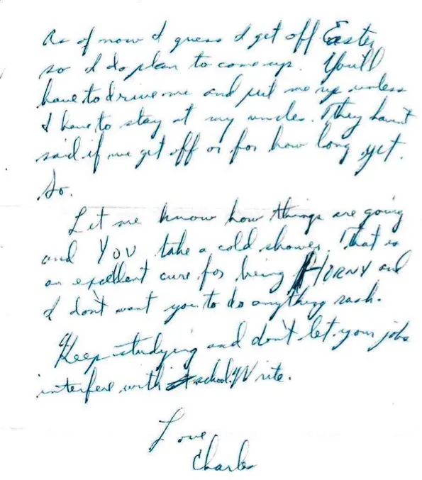 Letter to Terrie, undated — first day of mortar training, NCO school turned down, and 'at least I won't be going overseas' — scan 2