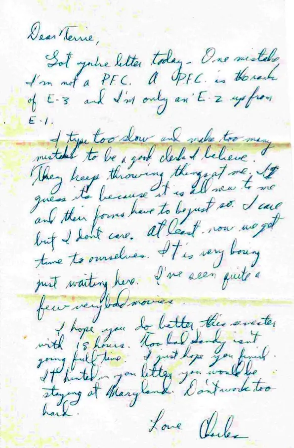 Letter to Terrie, undated — clerk training, an E-2 not a PFC, and 'I type too slow' — scan 1