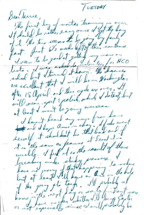 Letter to Terrie, undated — first day of mortar training, NCO school turned down, and 'at least I won't be going overseas' — scan 1