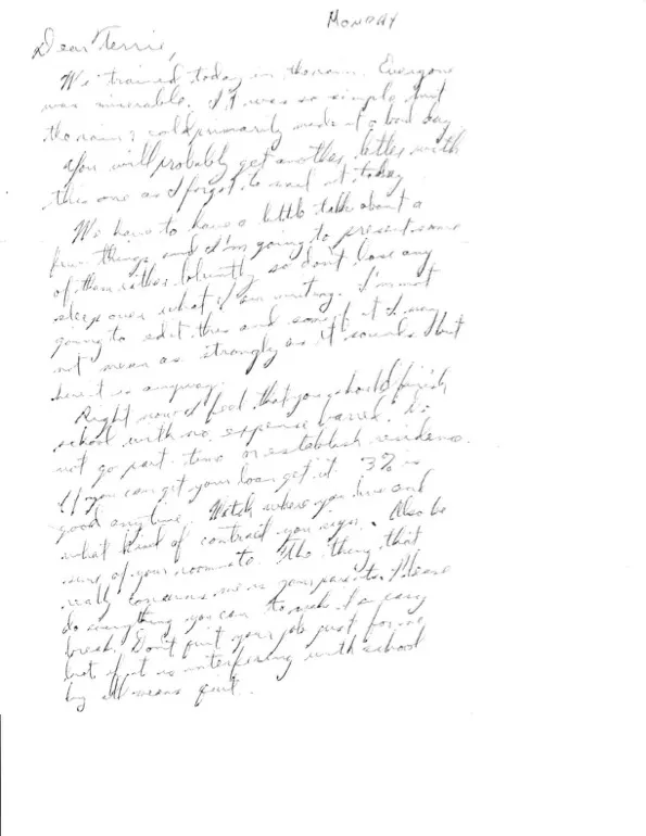 Letter to Terrie, undated — 'a lot depends on my orders now,' finish school, and not forcing a marriage — scan 1