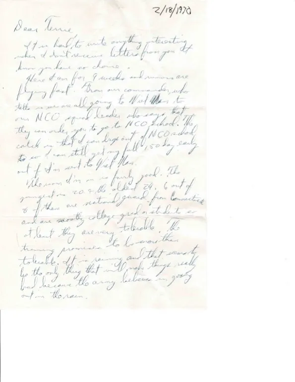 Letter to Terrie, 18 February 1970 — nine weeks into stateside NCO training, rumors of Vietnam — scan 1