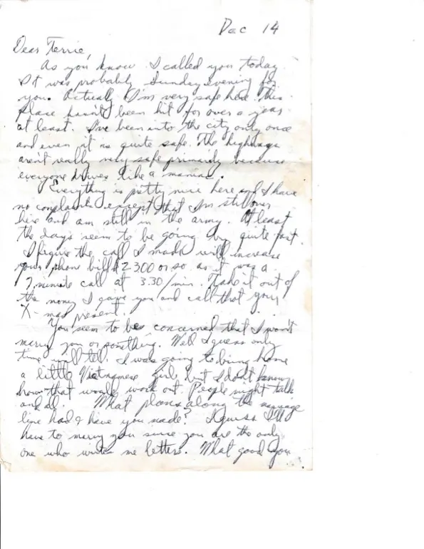Letter to Terrie, 14 December 1970 — the $3.30-per-minute phone call and the Christmas-present joke — scan 1
