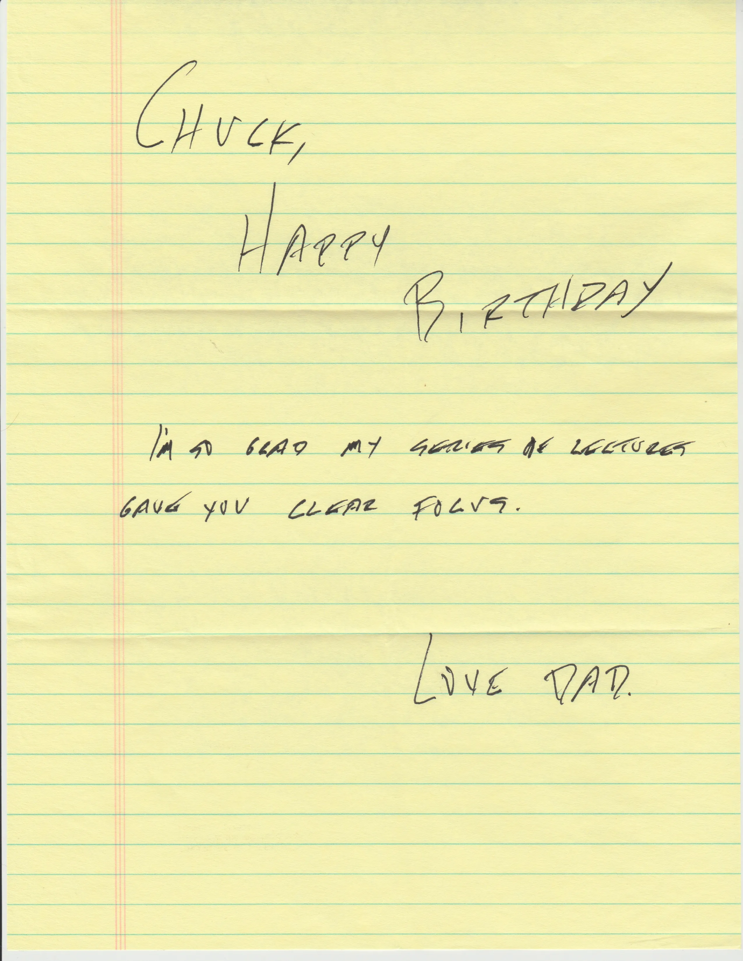 Birthday note from Charlie to Chuck — late-period block-print, after the vision loss