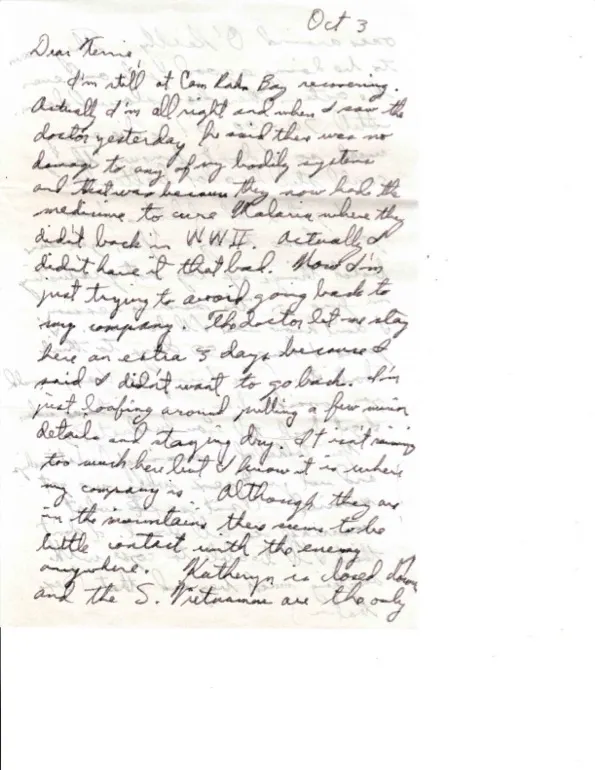 Letter to Terrie, 3 October 1970 — recovering from malaria at Cam Ranh Bay, and 144 days in — scan 1